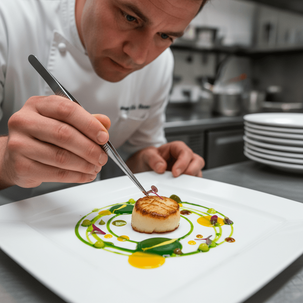 Chef preparing and plating food in professional kitchen