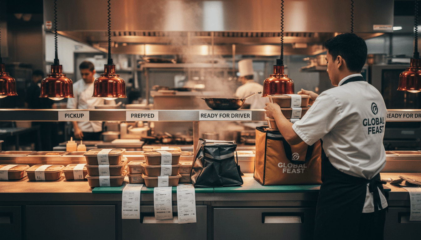 Kitchen team preparing orders for delivery
