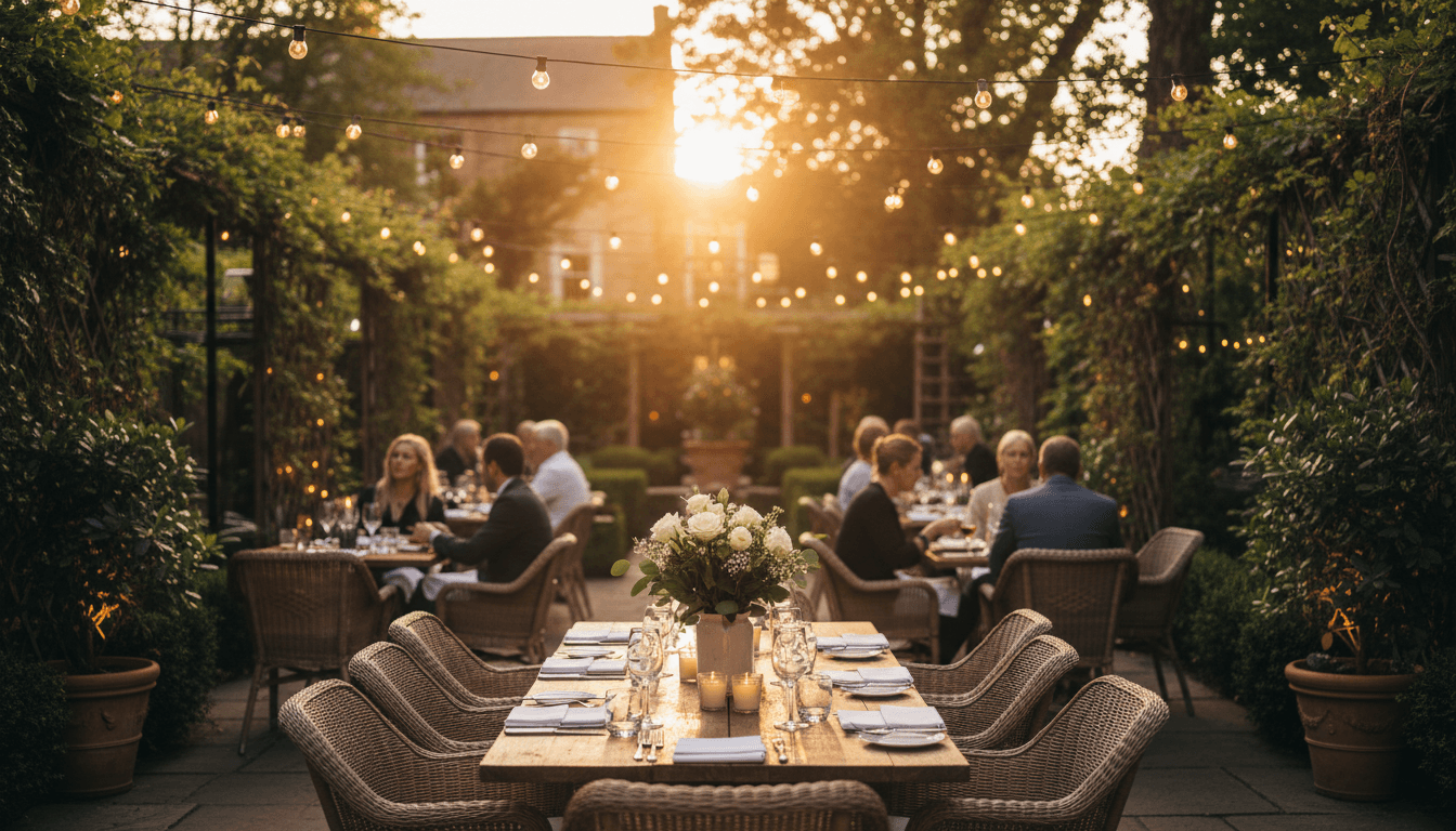 Outdoor seating area with tables and dining ambiance