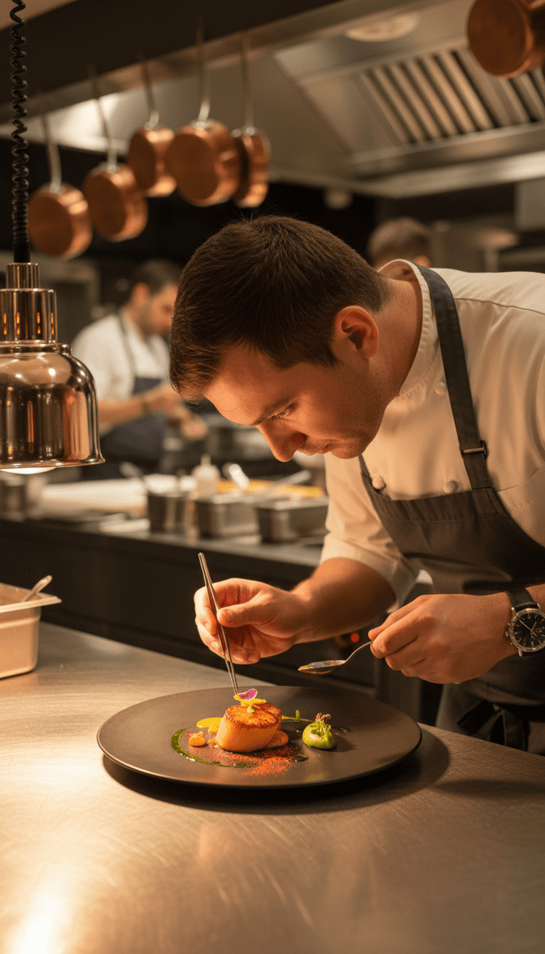 Chef preparing and plating a carefully crafted dish in a professional restaurant kitchen