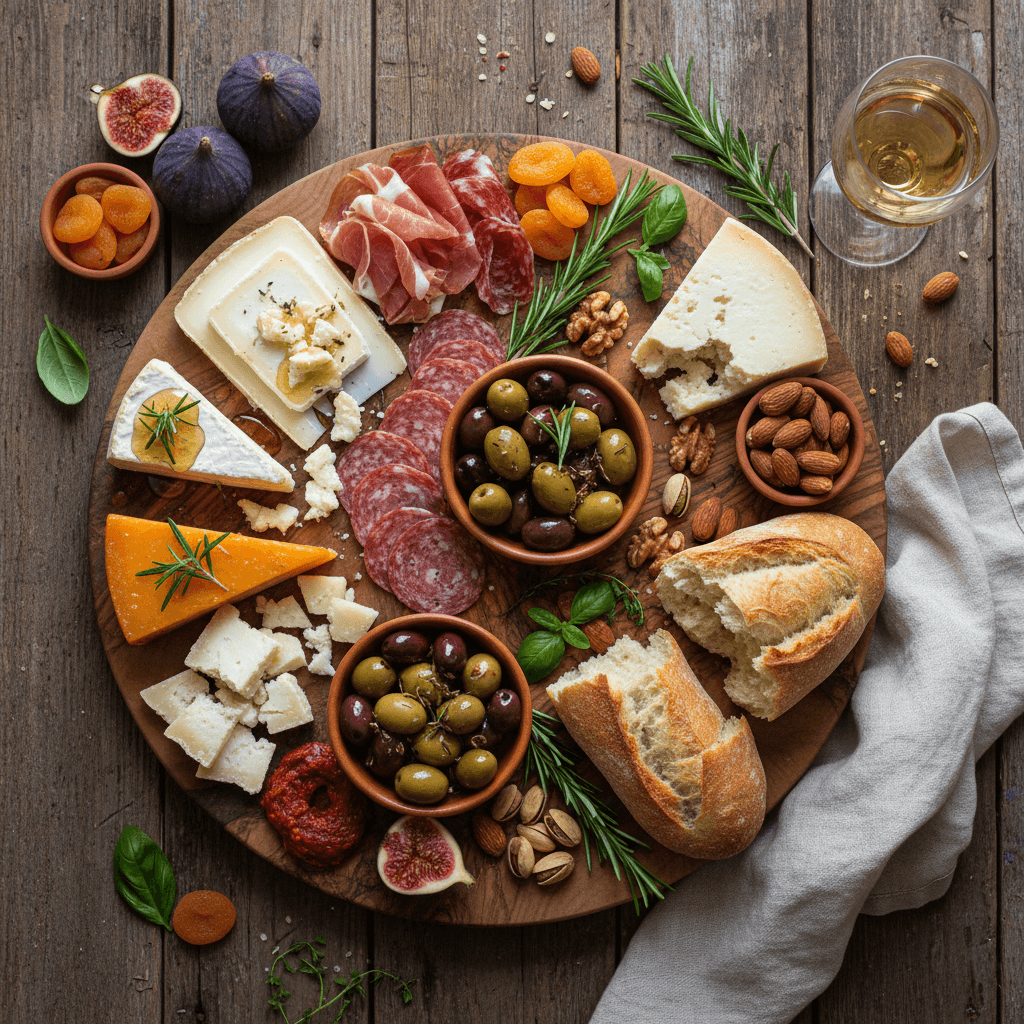Catering spread with appetizers and charcuterie board