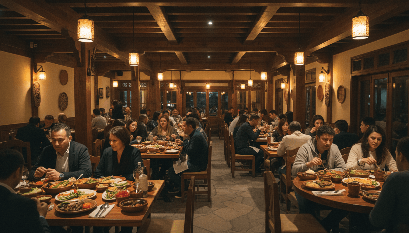 Warm, inviting restaurant interior with table settings and ambient lighting
